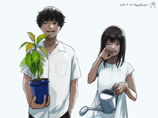 イラスト： 風野湊さん作・小説『すべての樹木は光』 登場人物のファンアート 左：ニイジェさん 右：ユハさん