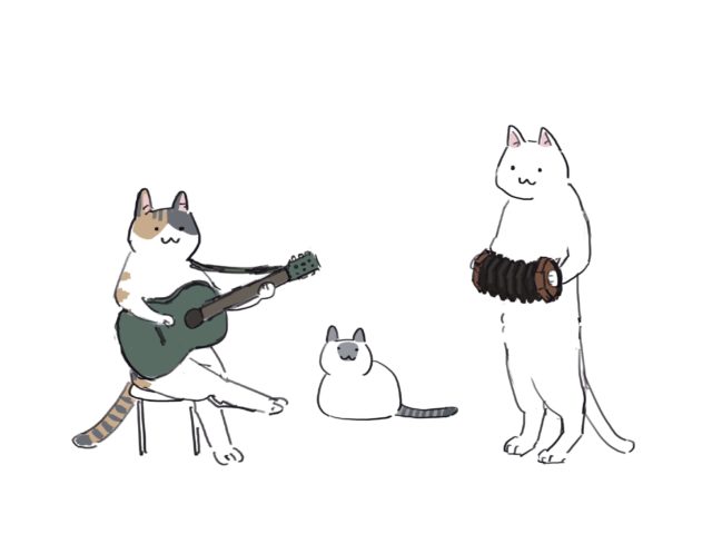 イラスト：コンサーティーナを弾く小町紗良さん(右の白猫)・香箱座りの風野湊さん(中央のシャム猫)・風野さんのギターを借りる山川(左の三毛猫)