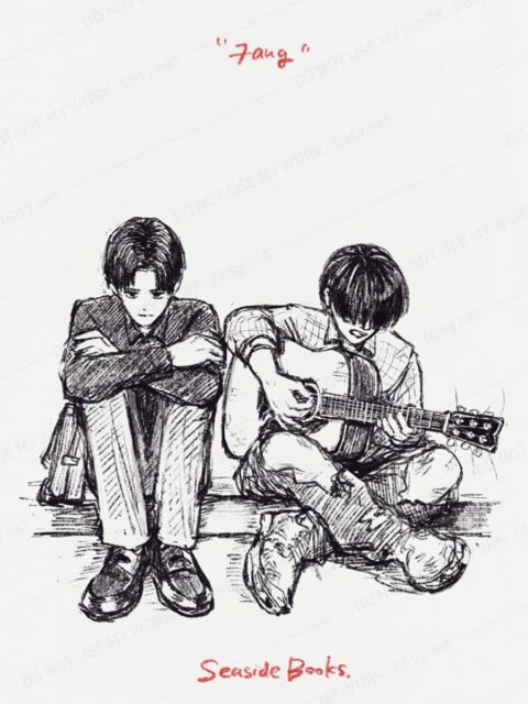 絵：小説『ファング』登場人物 (左)ヒサシ、(右)ギターを弾くファング
