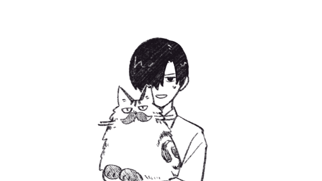 絵：ネコの松田くんを抱く青野（小説『ファング』登場人物）