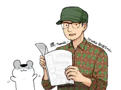 絵：「Placid Plastic Duck Simulator」に登場するアヒル柄のシャツを着た和田（小説『シンガロン』登場人物）