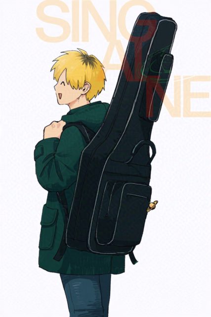 絵:ベースのギグバッグを背負うカシマ(小説『シンガロン』登場人物)