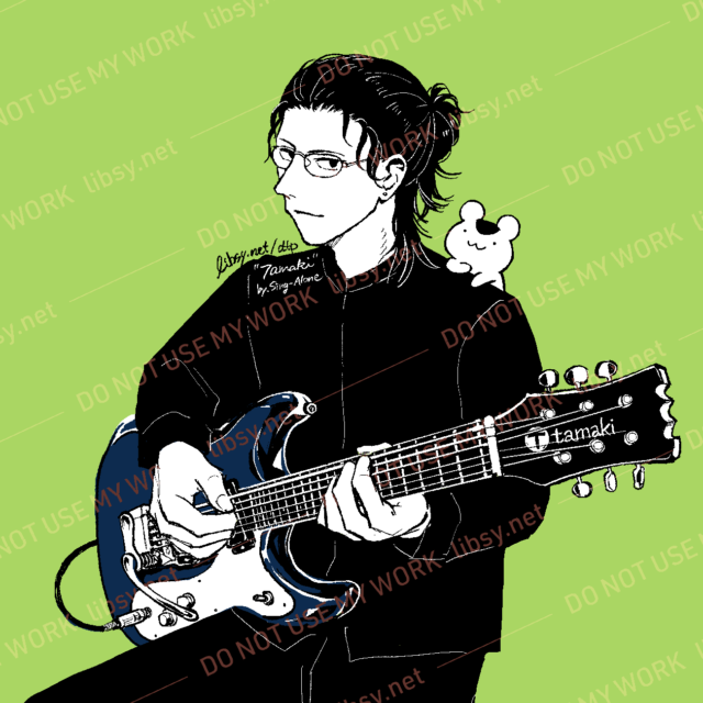 絵：モズライトを構える弟子丸（小説『シンガロン［DEMO ver.］』登場人物）、肩に乗っているねずみちゃん